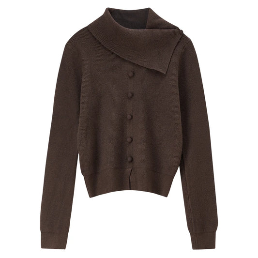 Asymmetric-Collar Button-Detail Sweater
