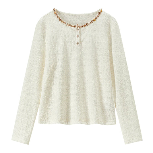 Embellished-Neck Textured Top