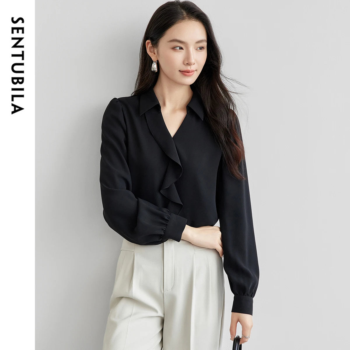 Ruffle-Front Collared Blouse