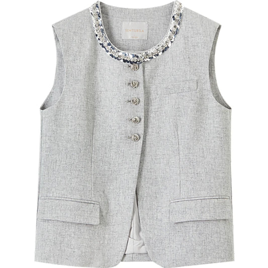 Embellished-Neck Button-Front Vest