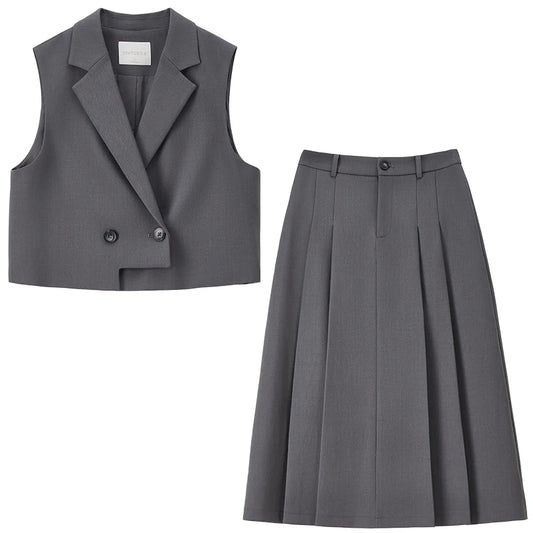Double-Breasted Vest and Pleated Skirt Set