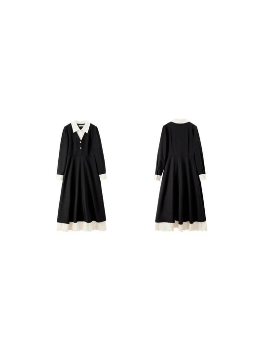 Contrast-Collar Lace-Hem Dress