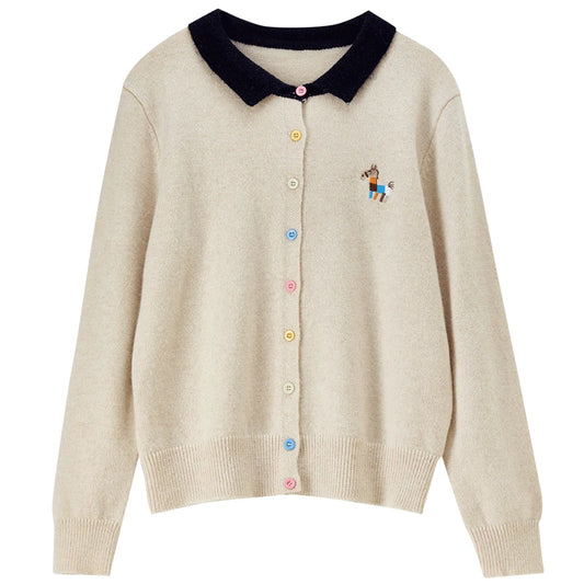 Contrast-Collar Colorful-Button-Front Cardigan