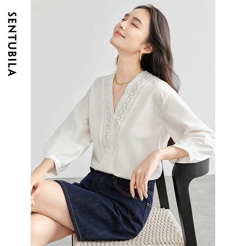 Lace-Trim V-Neck Blouse