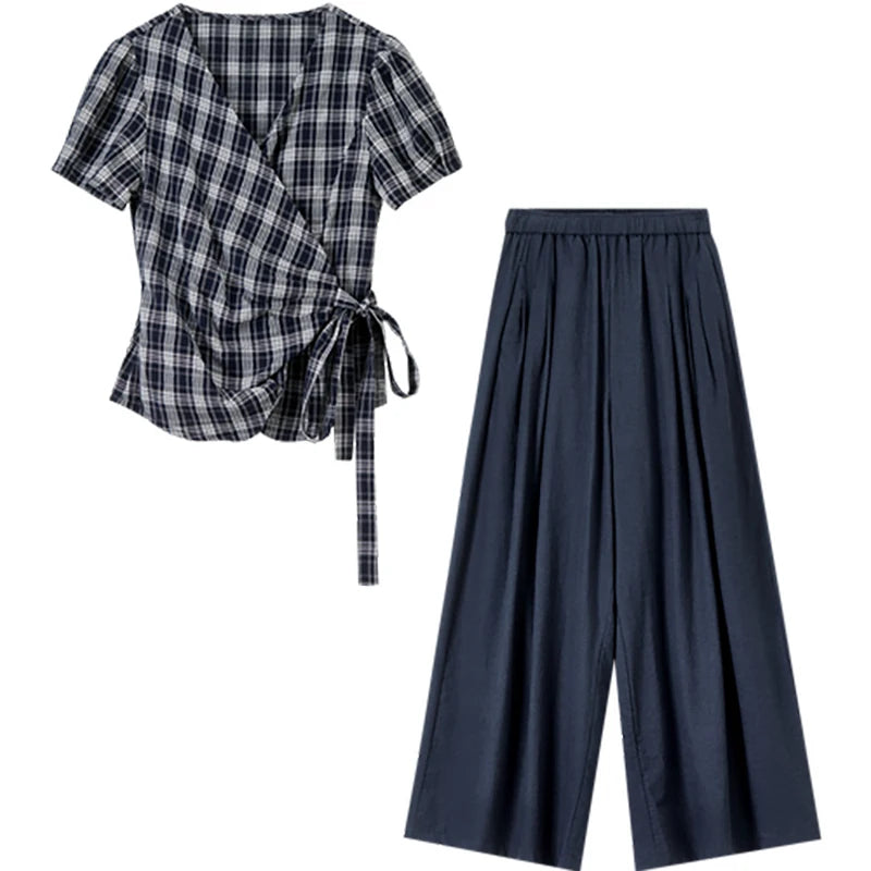 Plaid Wrap Top and Pants Set