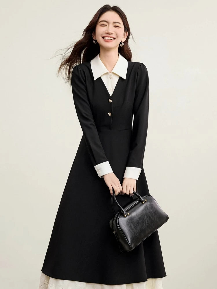 Contrast-Collar Lace-Hem Dress