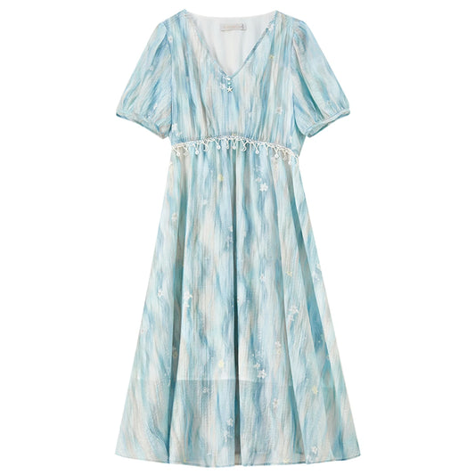 Watercolor-Print Puff-Sleeve Dress