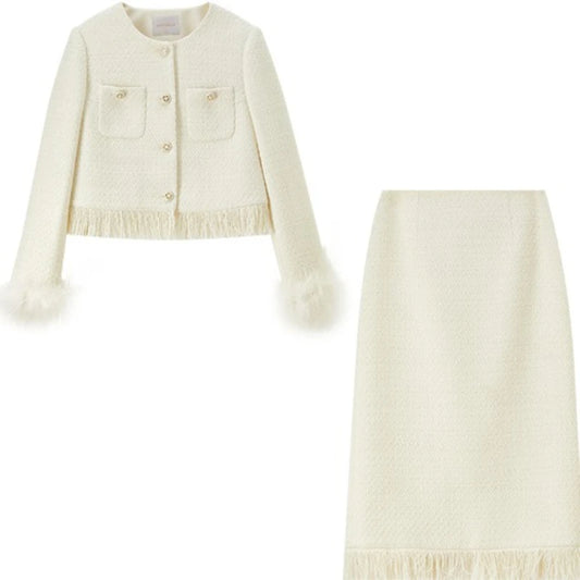 Fringe-Trim Jacket and Skirt Set