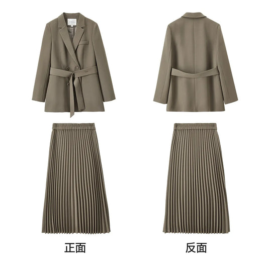 Belted Blazer and Pleated Skirt Set