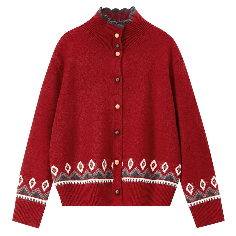 Geometric-Trim Stand-Collar Cardigan