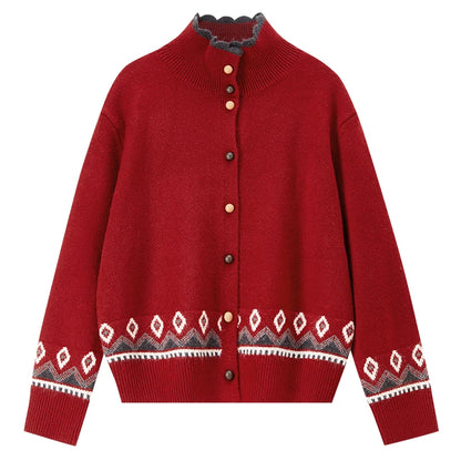 Geometric-Trim Stand-Collar Cardigan