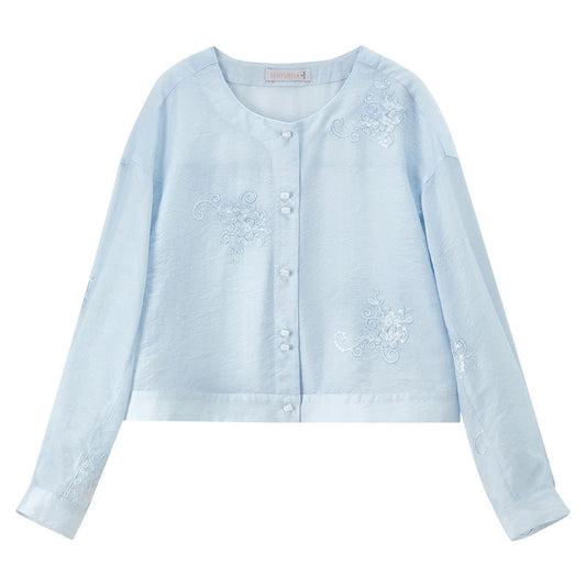 Floral-Detail Collarless Blouse