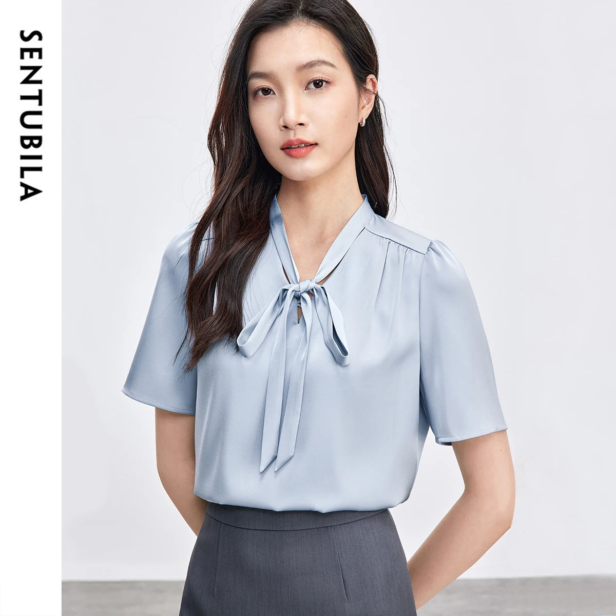 Tie-Neck Flutter-Sleeve Blouse
