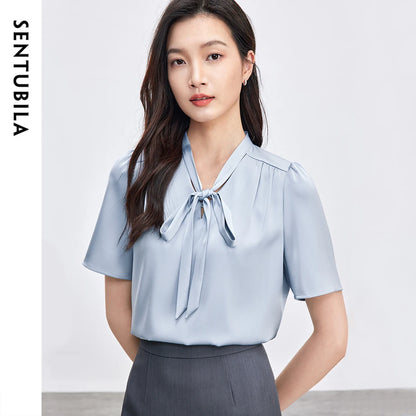 Tie-Neck Flutter-Sleeve Blouse