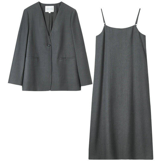 Collarless Blazer and Slip Dress Set