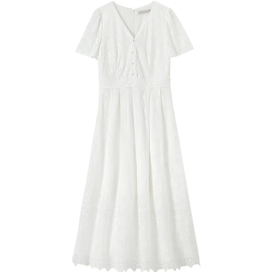 V-Neck Lace Midi Dress