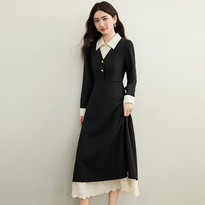 Contrast-Collar Lace-Hem Dress