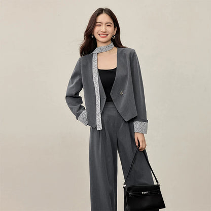 Contrast-Trim Blazer and Pants Set