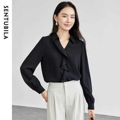 Ruffle-Front Collared Blouse