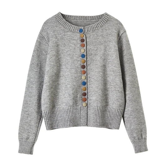 Contrast-Button Crew-Neck Cardigan