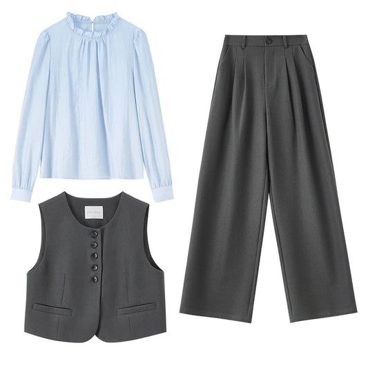 Three-Piece Blouse Vest and Pants Set