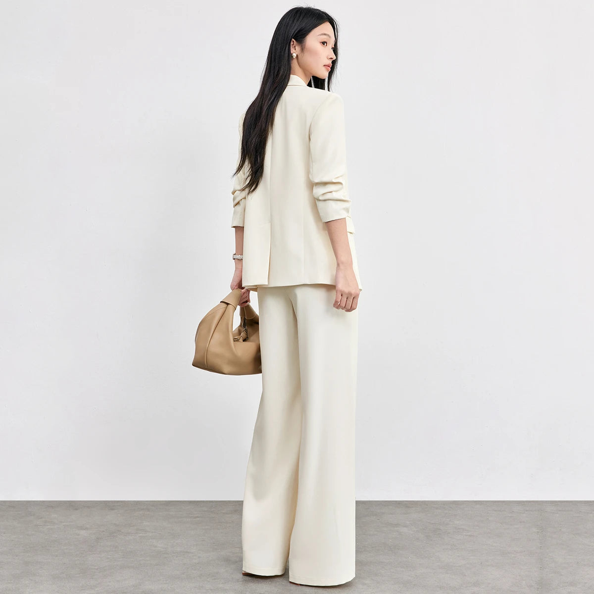 Ruched-Sleeve Blazer and Pants Set