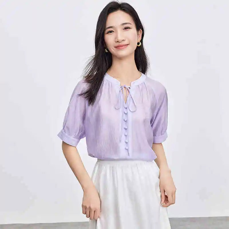 Tie-Neck Short-Sleeve Blouse