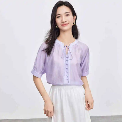 Tie-Neck Short-Sleeve Blouse