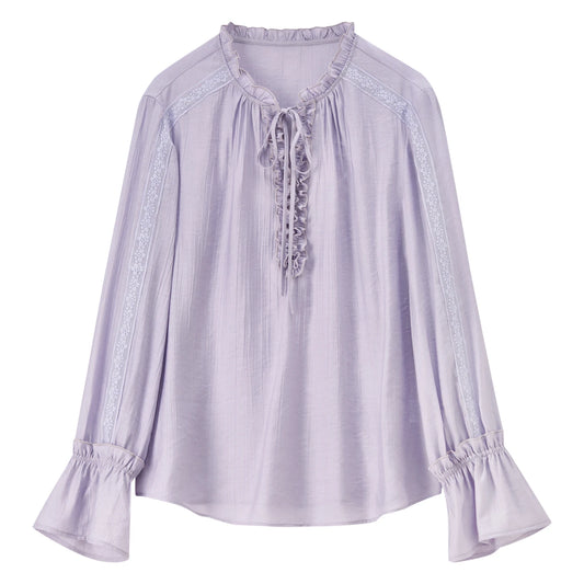 Lace-Trim Tie-Neck Blouse