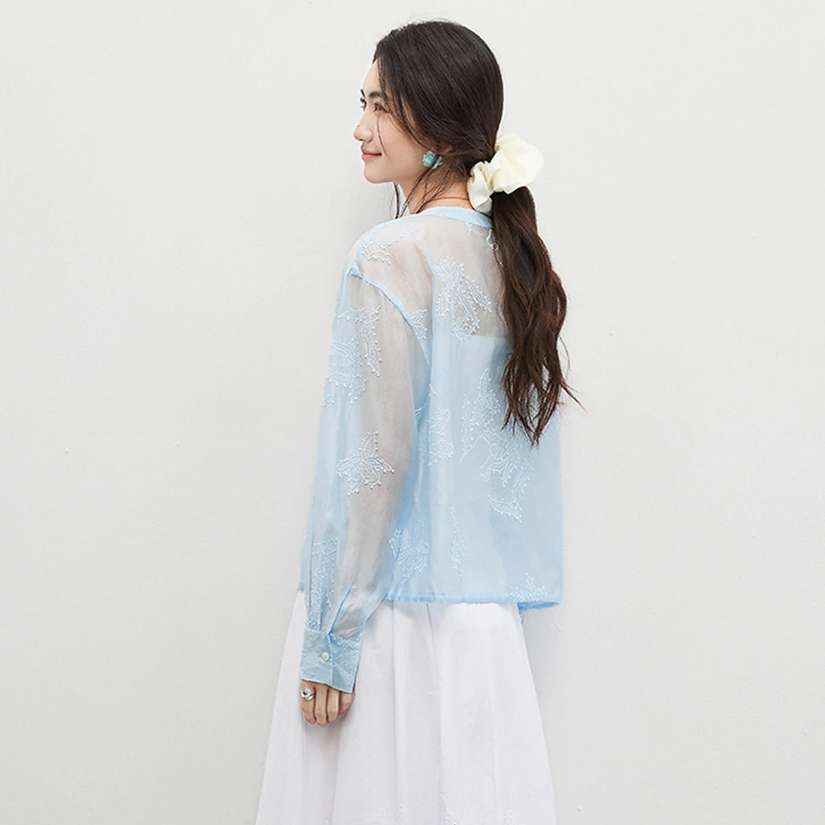 Drawstring-Hem Embroidered Blouse
