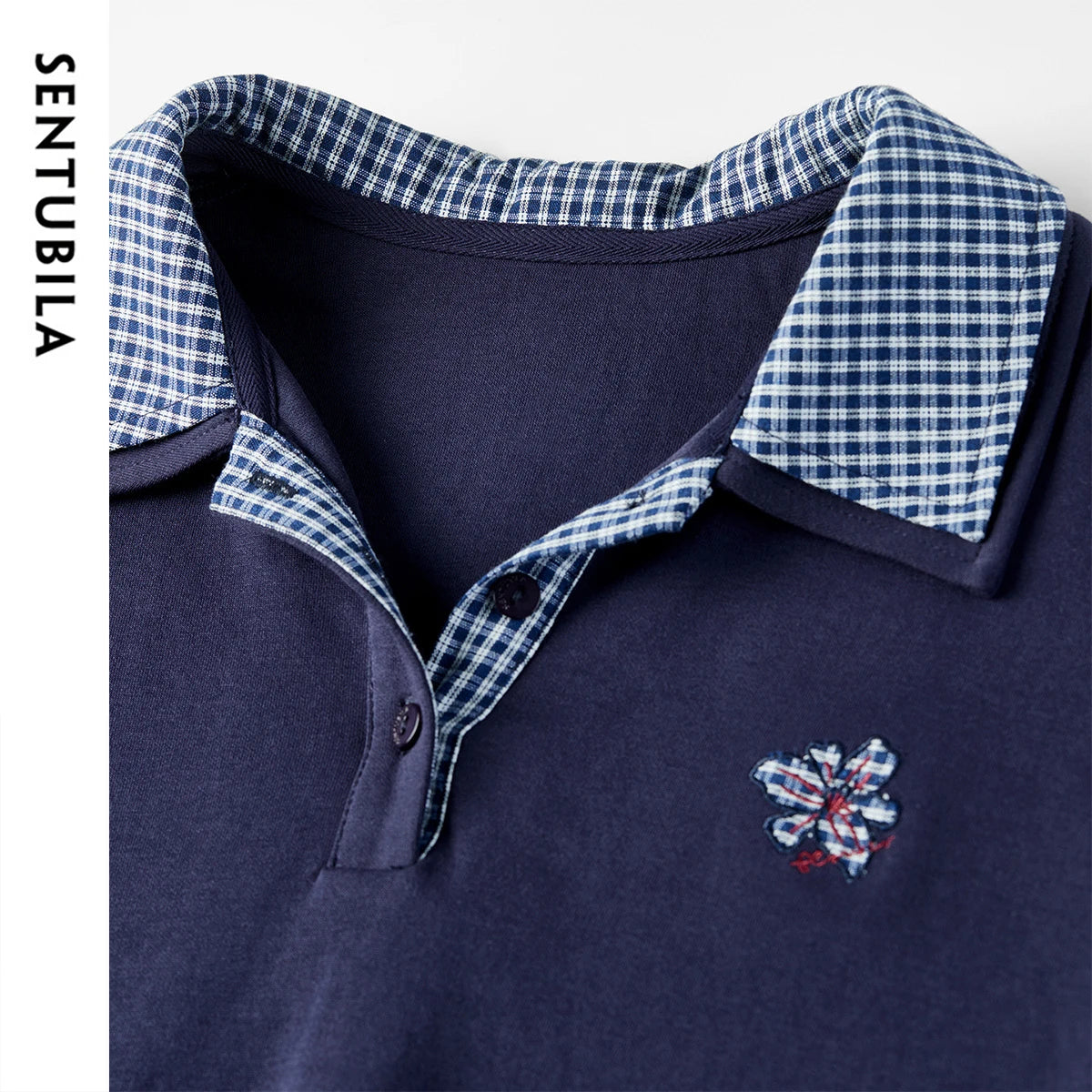 Gingham-Trim Collared Sweatshirt
