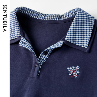 Gingham-Trim Collared Sweatshirt