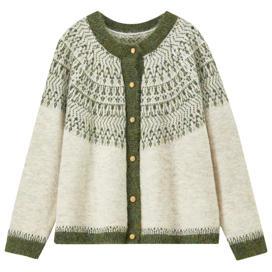 Fair-Isle Round-Neck Cardigan