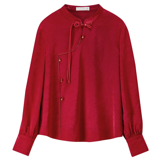 Tie-Neck Asymmetric-Button Blouse