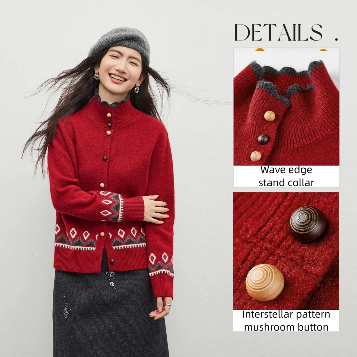 Geometric-Trim Stand-Collar Cardigan