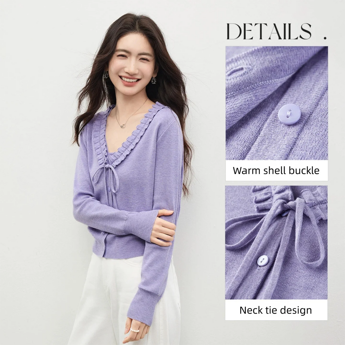 Ruffle-Trim Tie-Neck Cardigan