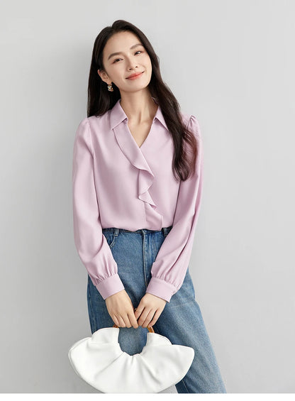 Ruffle-Front Collared Blouse