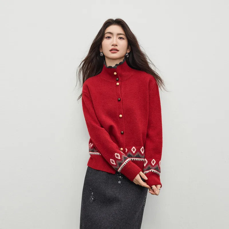 Geometric-Trim Stand-Collar Cardigan