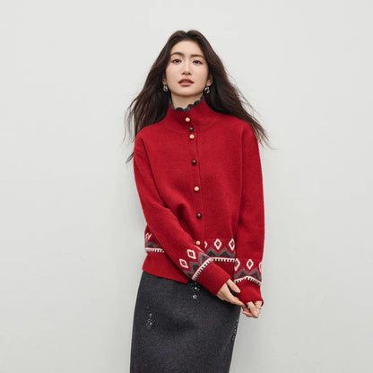 Geometric-Trim Stand-Collar Cardigan