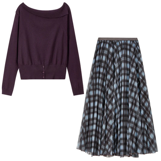 Boat-Neck Sweater and Plaid Skirt Set
