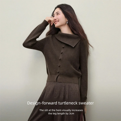 Asymmetric-Collar Button-Detail Sweater