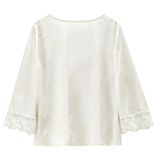 Lace-Cuff Three-Quarter-Sleeve Blouse