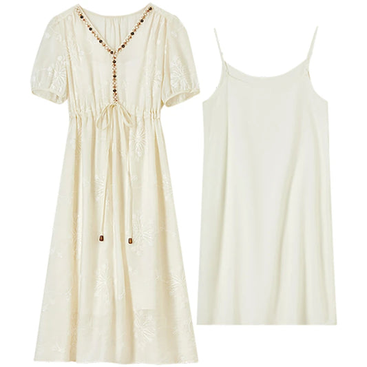 Drawstring-Waist Puff-Sleeve Dress