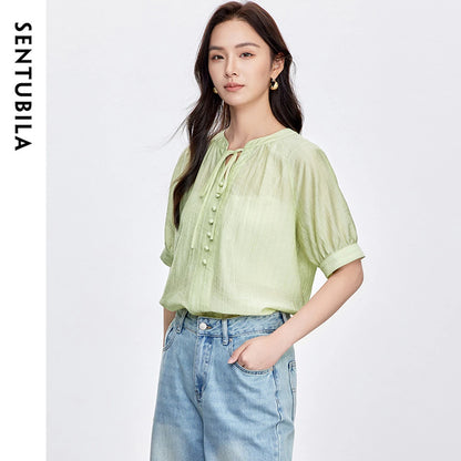 Tie-Neck Short-Sleeve Blouse