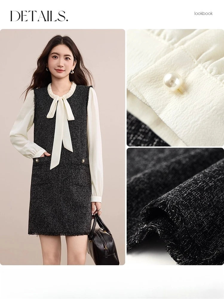 Contrast-Sleeve Tie-Neck Shift Dress