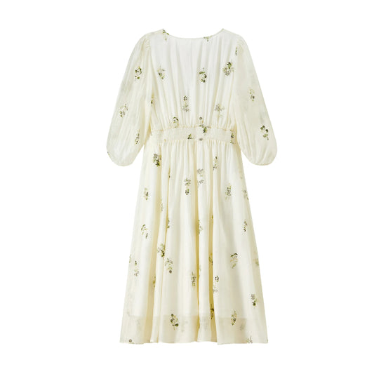 Floral Balloon-Sleeve Midi Dress