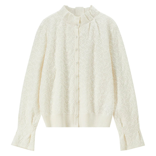 Ruffle-Neck Textured Cardigan