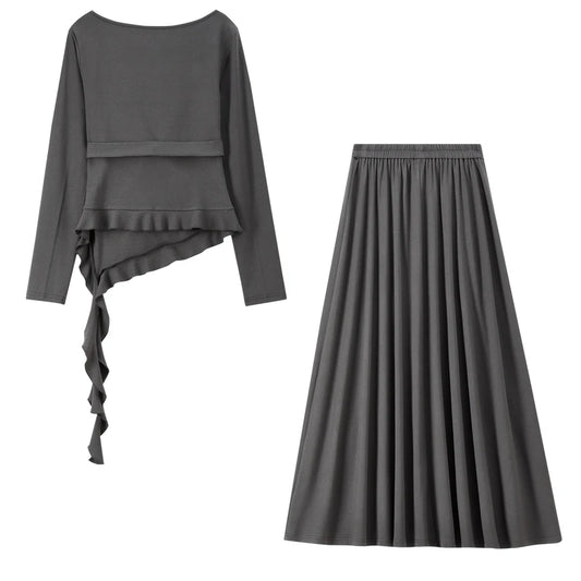 Ruffle-Trim Top and Pleated Skirt Set