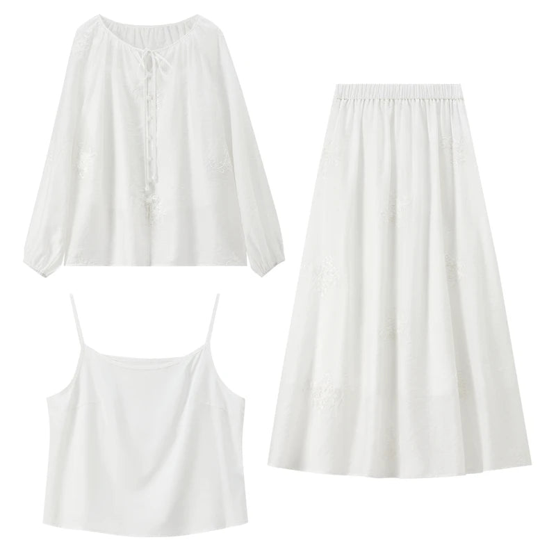 Three-Piece Blouse Cami and Skirt Set