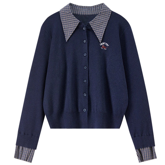 Plaid-Collar Button-Front Cardigan
